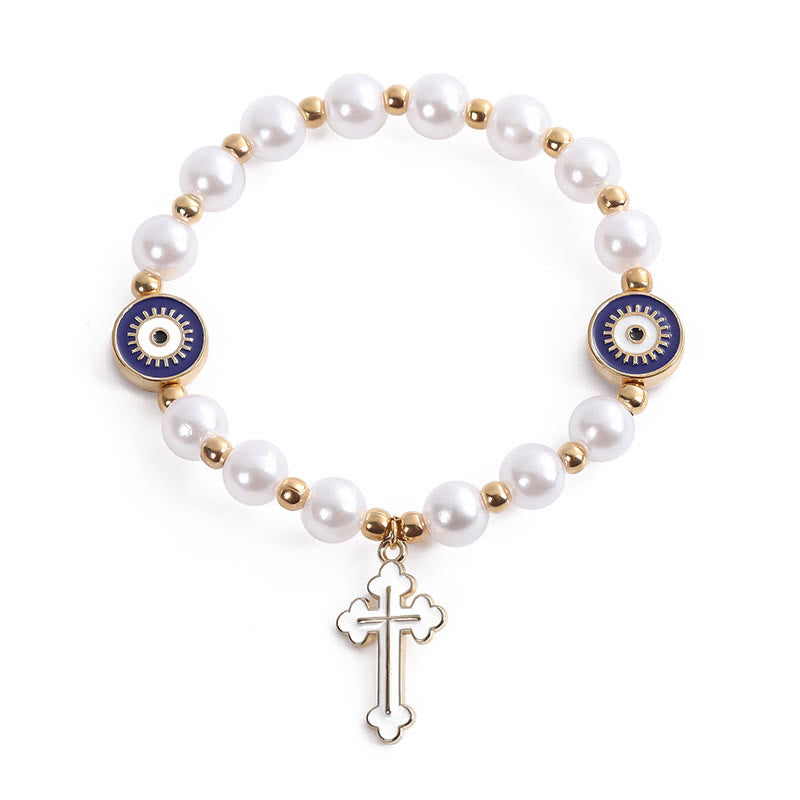 Handmade "Eyes" Beaded Cross Pearl Bracelet