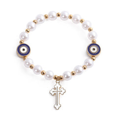 Handmade "Eyes" Beaded Cross Pearl Bracelet