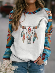 Women's Cow Skull & Aztec Print Crew Neck Sweatshirt, Long Sleeve Pullover for Fall & Winter