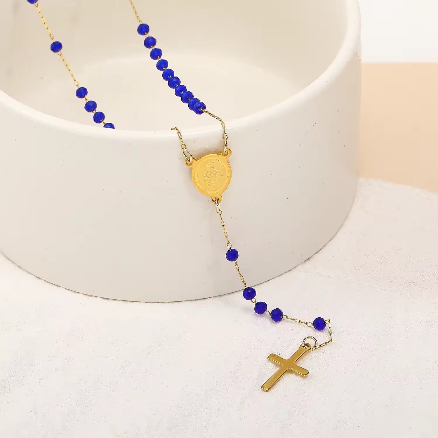 Virgin Mary Medal & Cross Pendant Glass Beads Necklace