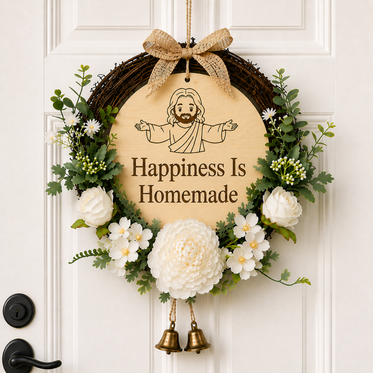 Happiness Is Homemade, Jesus Welcome Door Sign with Greenery Wreath – Farmhouse Front Door Decor for Indoor & Outdoor Home, Housewarming Gift with Bonus Damage-Free Hook
