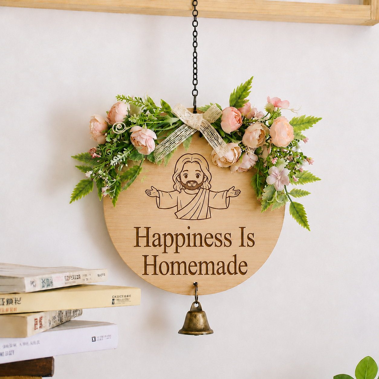 Happiness Is Homemade, Jesus Welcome Door Sign with Greenery Wreath – Farmhouse Front Door Decor for Indoor & Outdoor Home, Housewarming Gift with Bonus Damage-Free Hook