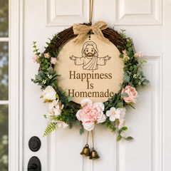 Happiness Is Homemade, Jesus Welcome Door Sign with Greenery Wreath – Farmhouse Front Door Decor for Indoor & Outdoor Home, Housewarming Gift with Bonus Damage-Free Hook