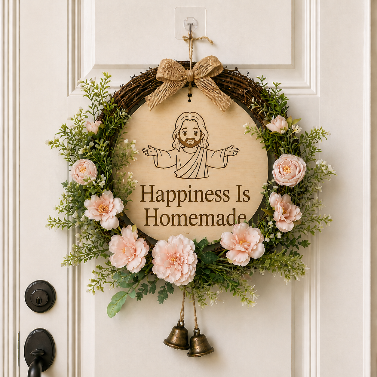 Happiness Is Homemade, Jesus Welcome Door Sign with Greenery Wreath – Farmhouse Front Door Decor for Indoor & Outdoor Home, Housewarming Gift with Bonus Damage-Free Hook