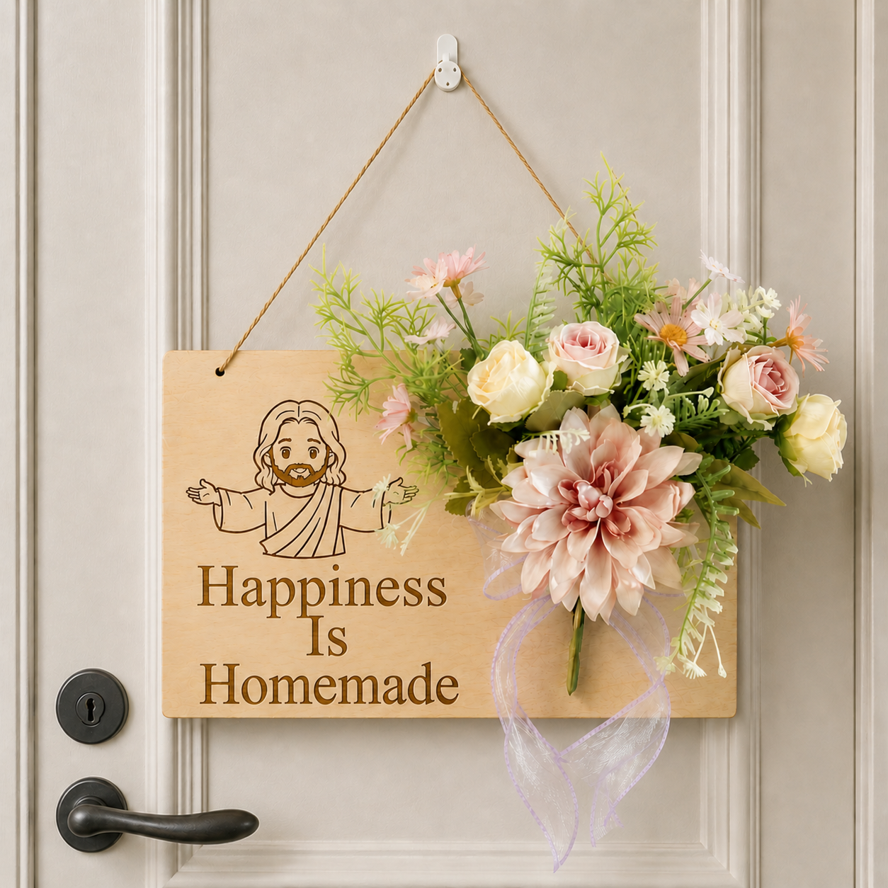 Happiness Is Homemade, Jesus Welcome Door Sign with Greenery Wreath – Farmhouse Front Door Decor for Indoor & Outdoor Home, Housewarming Gift with Bonus Damage-Free Hook