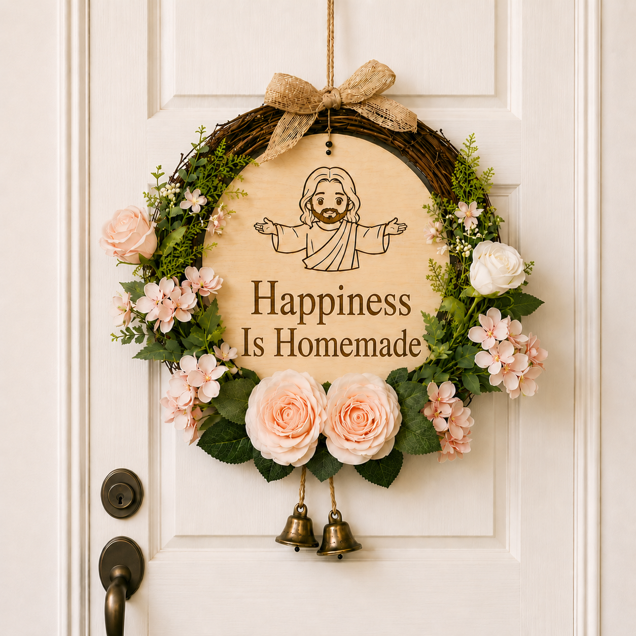 Happiness Is Homemade, Jesus Welcome Door Sign with Greenery Wreath – Farmhouse Front Door Decor for Indoor & Outdoor Home, Housewarming Gift with Bonus Damage-Free Hook