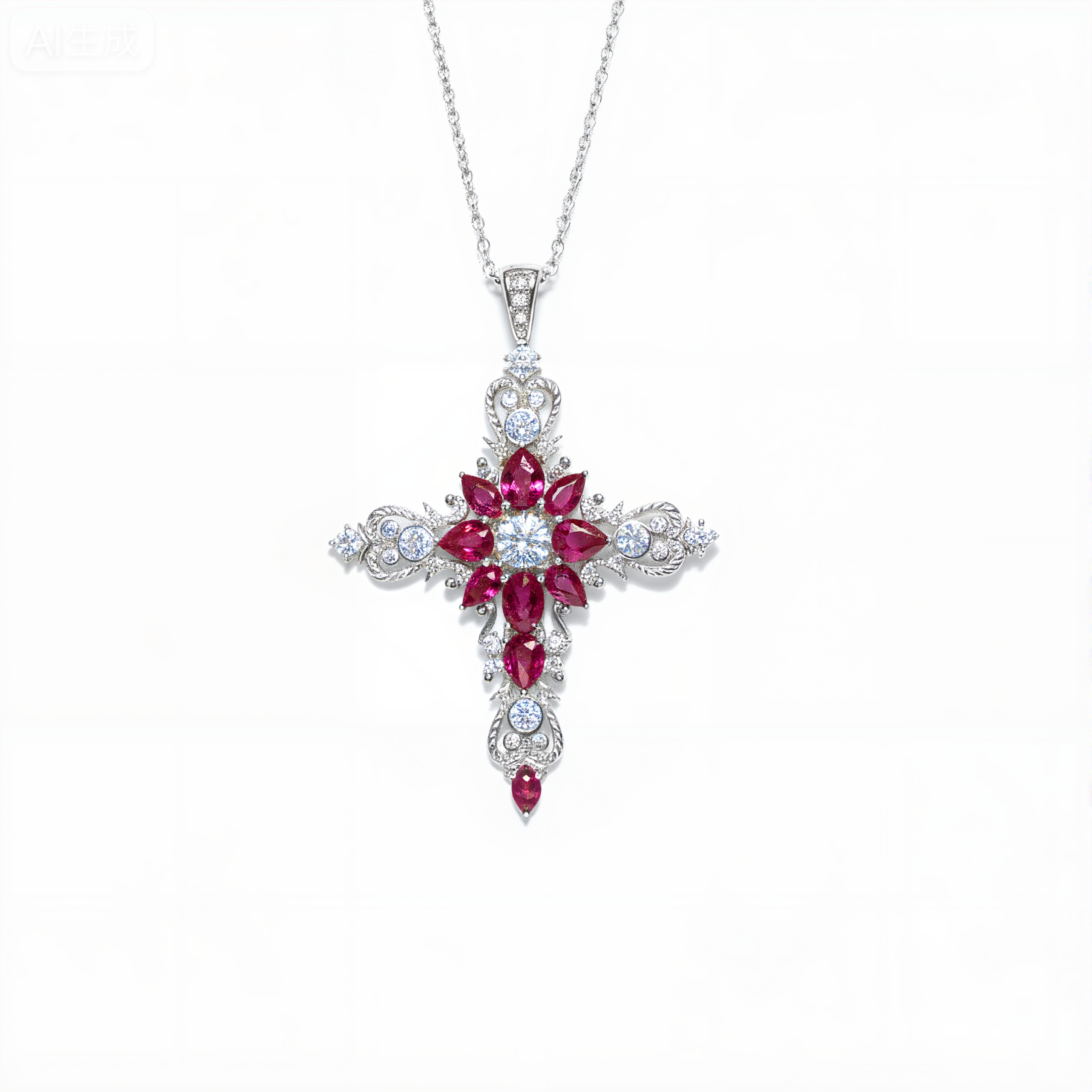 Baroque Ruby & Moissanite Cross Pendant Necklace in Sterling Silver