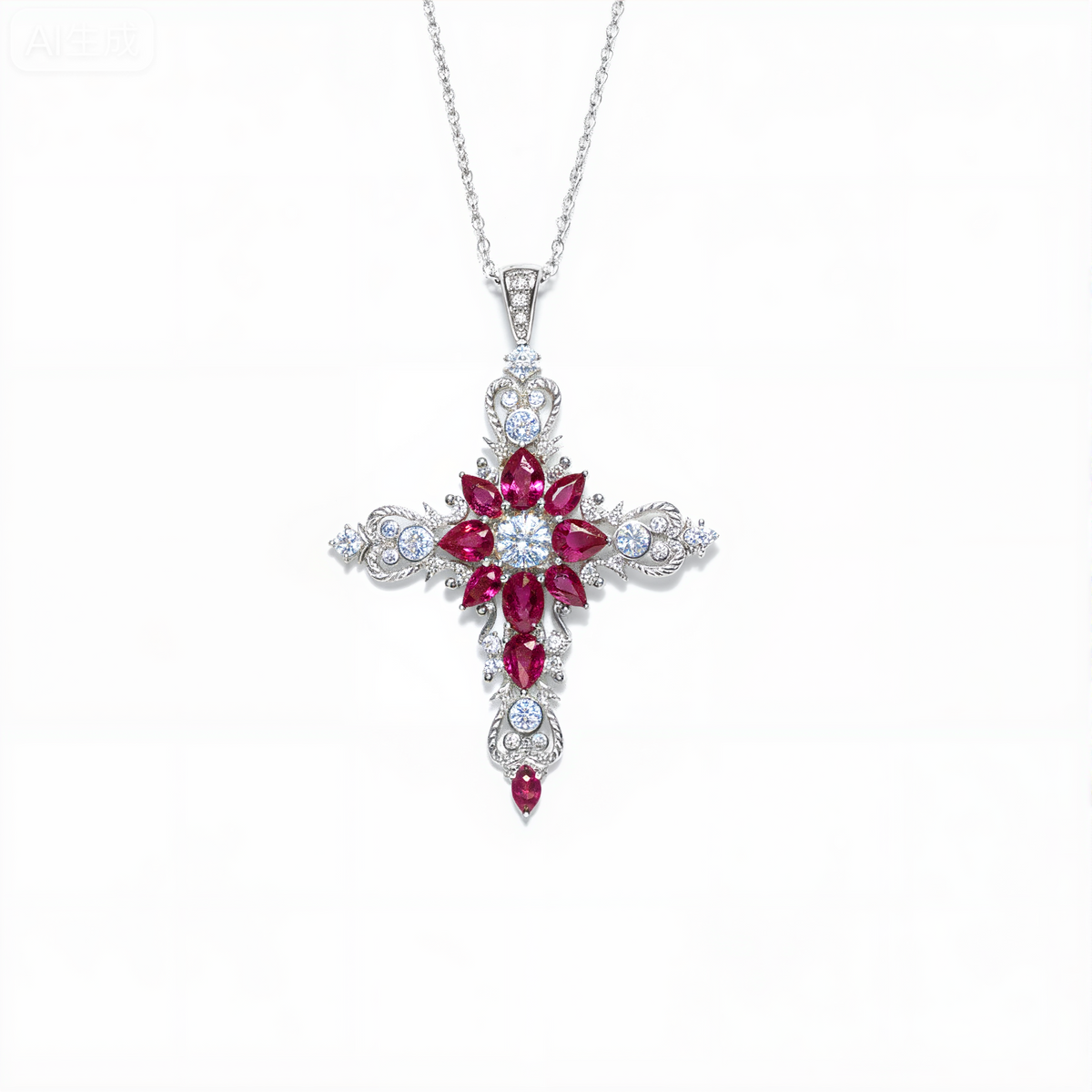 Baroque Ruby & Moissanite Cross Pendant Necklace in Sterling Silver
