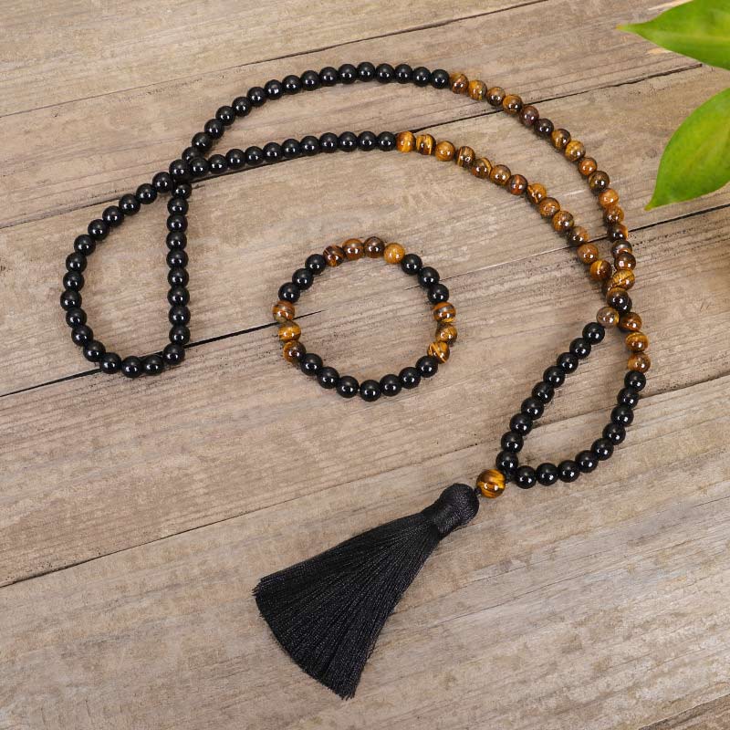 Faith Nova Tibetan Black Onyx Tiger Eye Protection Necklace Mala Set