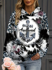 Women's Anchor & Leopard Print Hoodie with Kangaroo Pocket and Long Sleeves