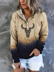 Women's Aztec Cow Head Hoodie with Drawstring and Long Sleeves