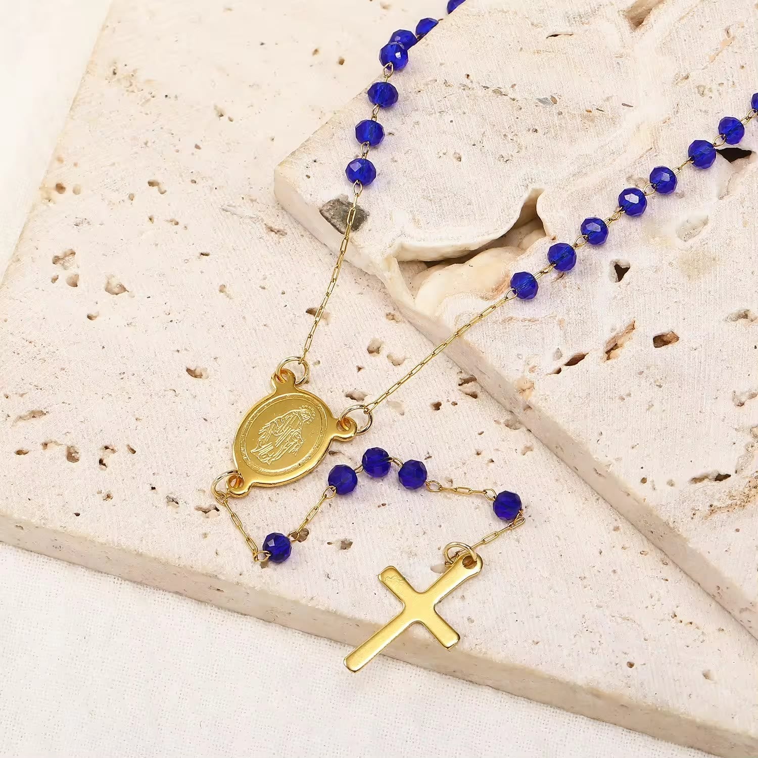 Virgin Mary Medal & Cross Pendant Glass Beads Necklace