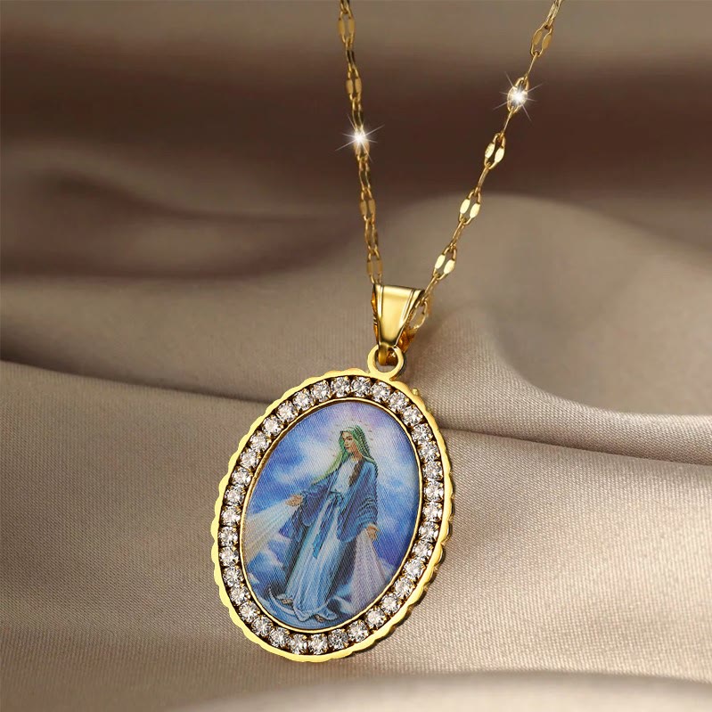 Virgin Mary Painting Necklace Religious Icon Jewelry