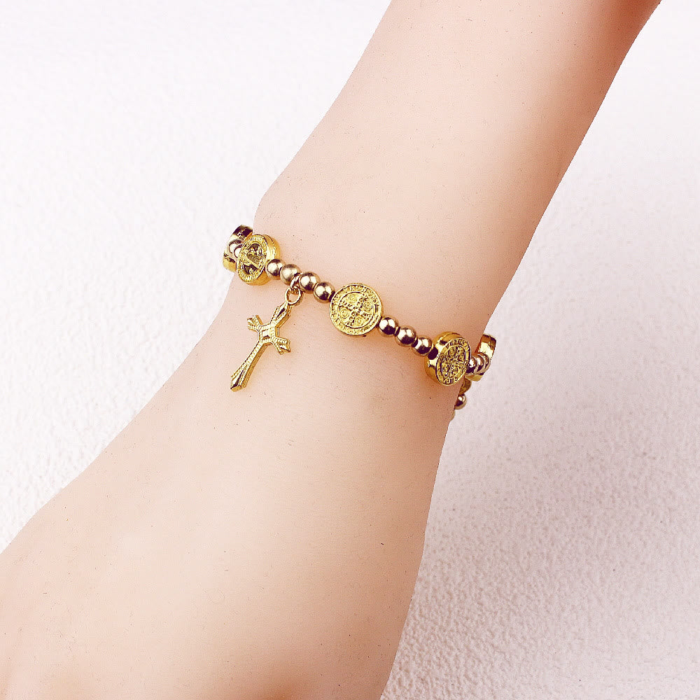 Gold-tone St. Benedict Cross Stretch Bracelet
