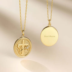 Personalized Madonna Lily Cross Medallion Necklace