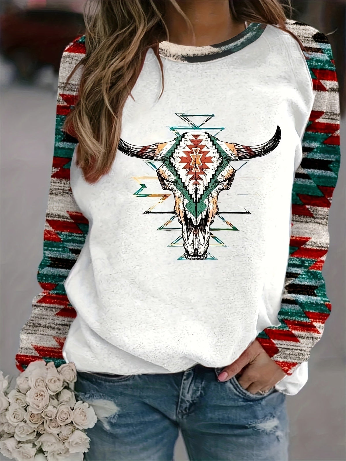 Women's Aztec & Cow Skull Print Raglan Crew Neck Sweatshirt – Soft, Cozy Essential for Fall & Winter
