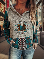 Western Ethnic Print Button Drawstring Hoodie, Vintage Long Sleeve Kangaroo Pocket Sweatshirt, Women's Clothing