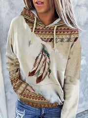 Vintage Aztec Print Hoodie for Women - Machine Washable, Comfort Stretch, All-Season Casual Crew Neck