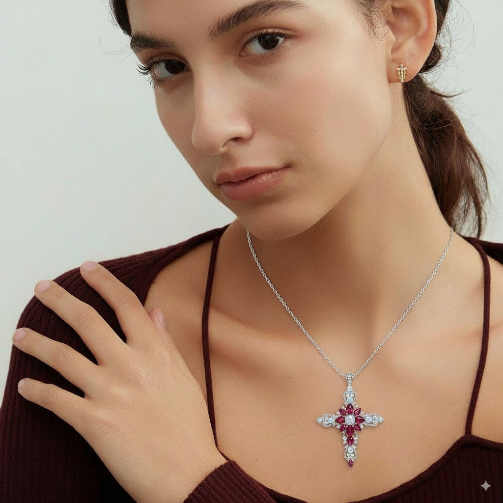 Baroque Ruby & Moissanite Cross Pendant Necklace in Sterling Silver