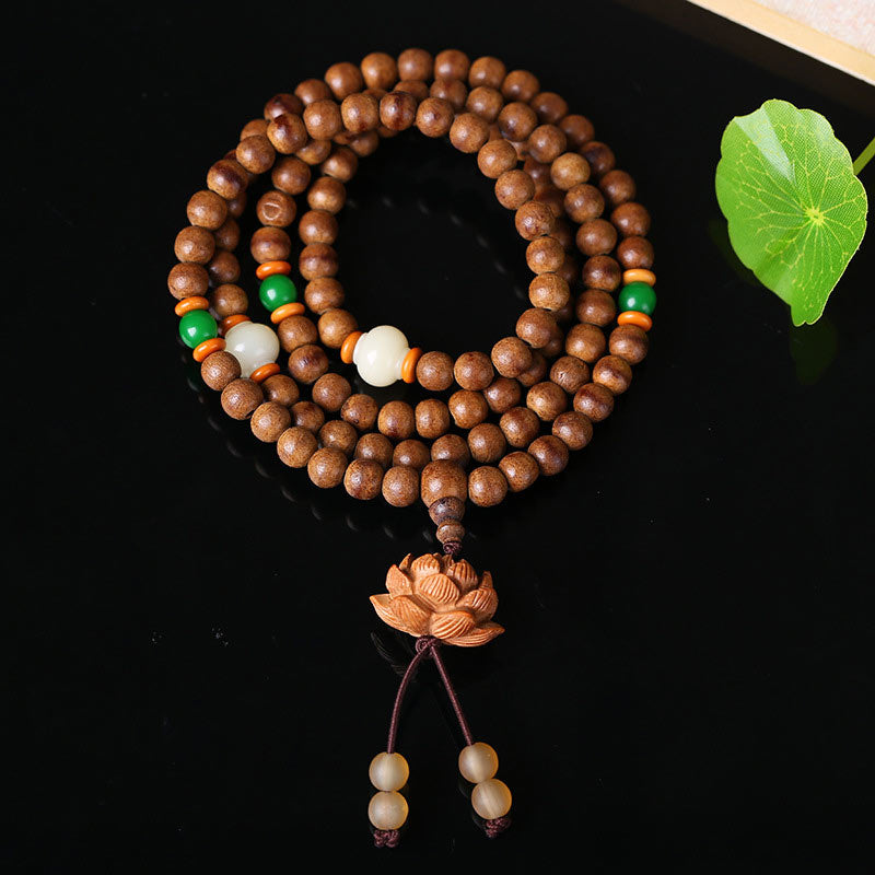 Faith Nova 108 Mala Beads Peach Wood Bodhi Seed Lotus Prayer Meditation Bracelet
