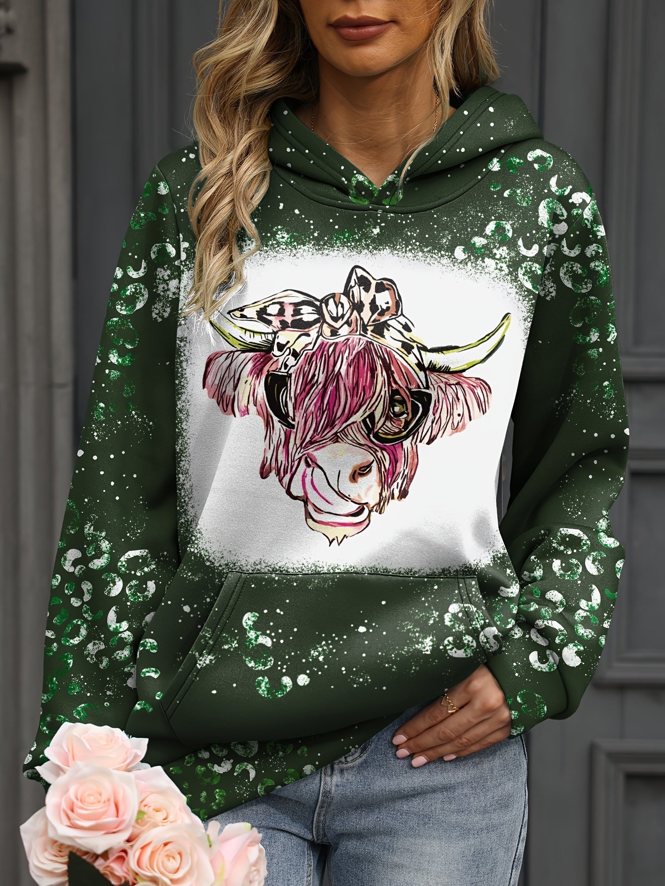 Women's Cow Head Print Hoodie with Kangaroo Pocket, Long Sleeve, and Fleece Lining – Ideal for Daily Wear