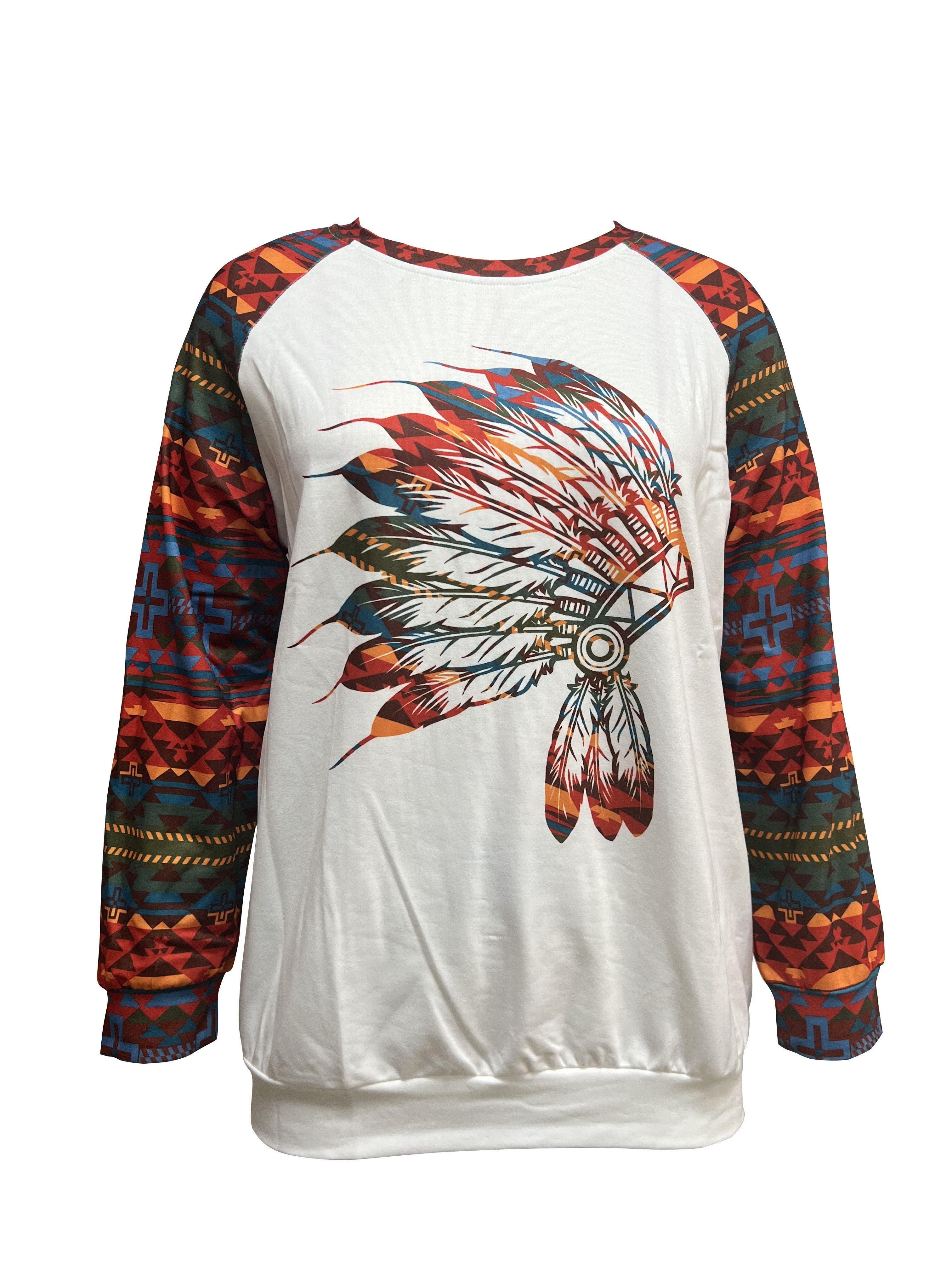Western Ethnic Print Sweatshirt, Casual Long Sleeve Crew Neck Sweatshirt, Women's Clothing