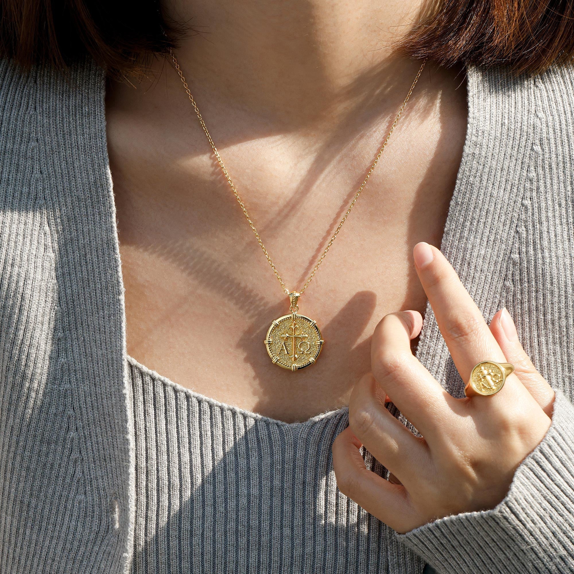 Personalized Alpha Omega Fleur-de-Lis Cross Medallion Necklace