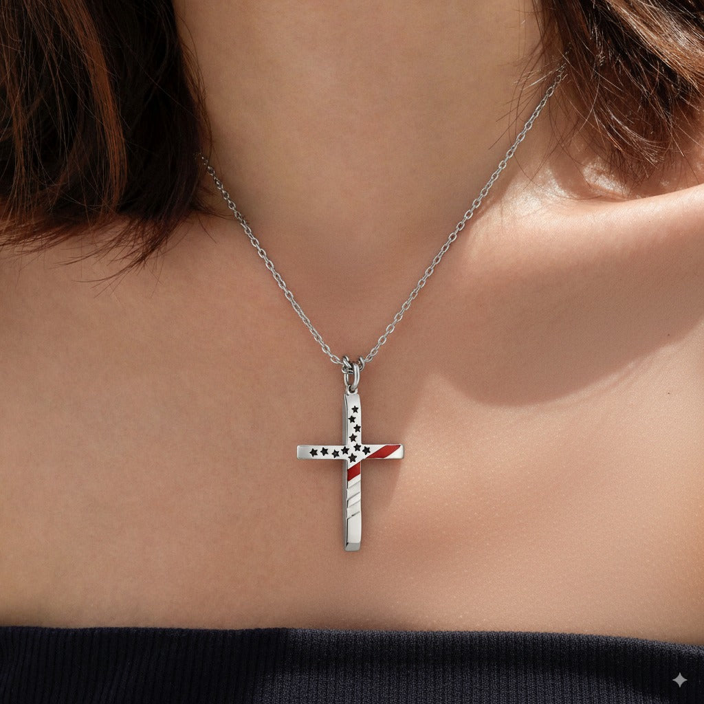 Patriotic Thin Red Line Cross Necklace with John 19:30 Inscription