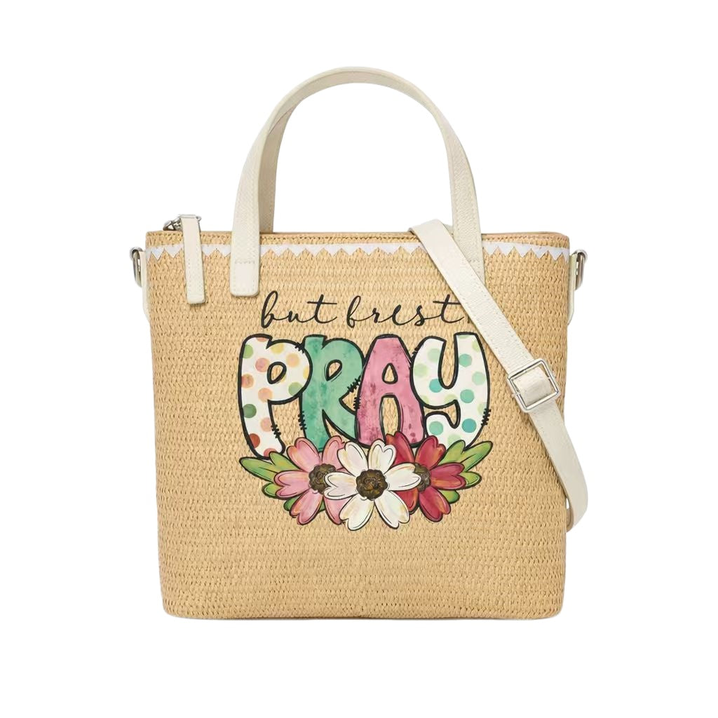 But First Pray Print Christian Faith Straw Crossbody Tote Bag