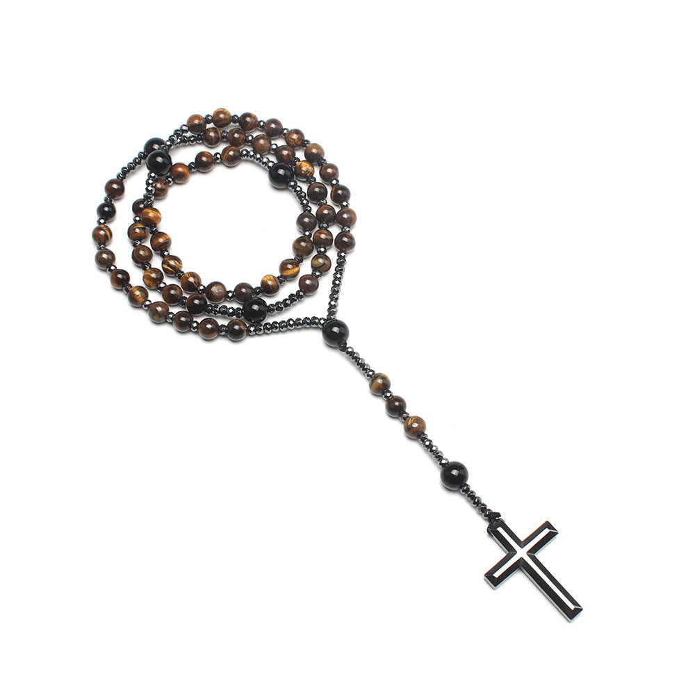 Agate/Tiger's Eye Stone Cross Catholic Rosary