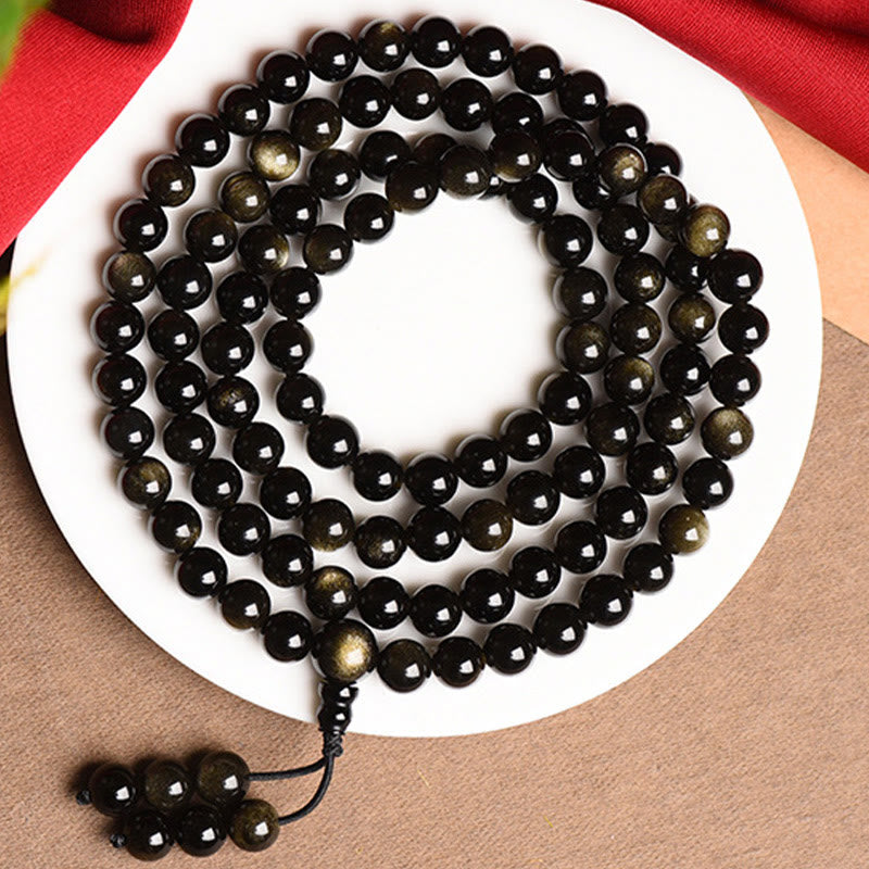 Faith Nova 108 Mala Beads Natural Gold Sheen Obsidian Wealth Bracelet