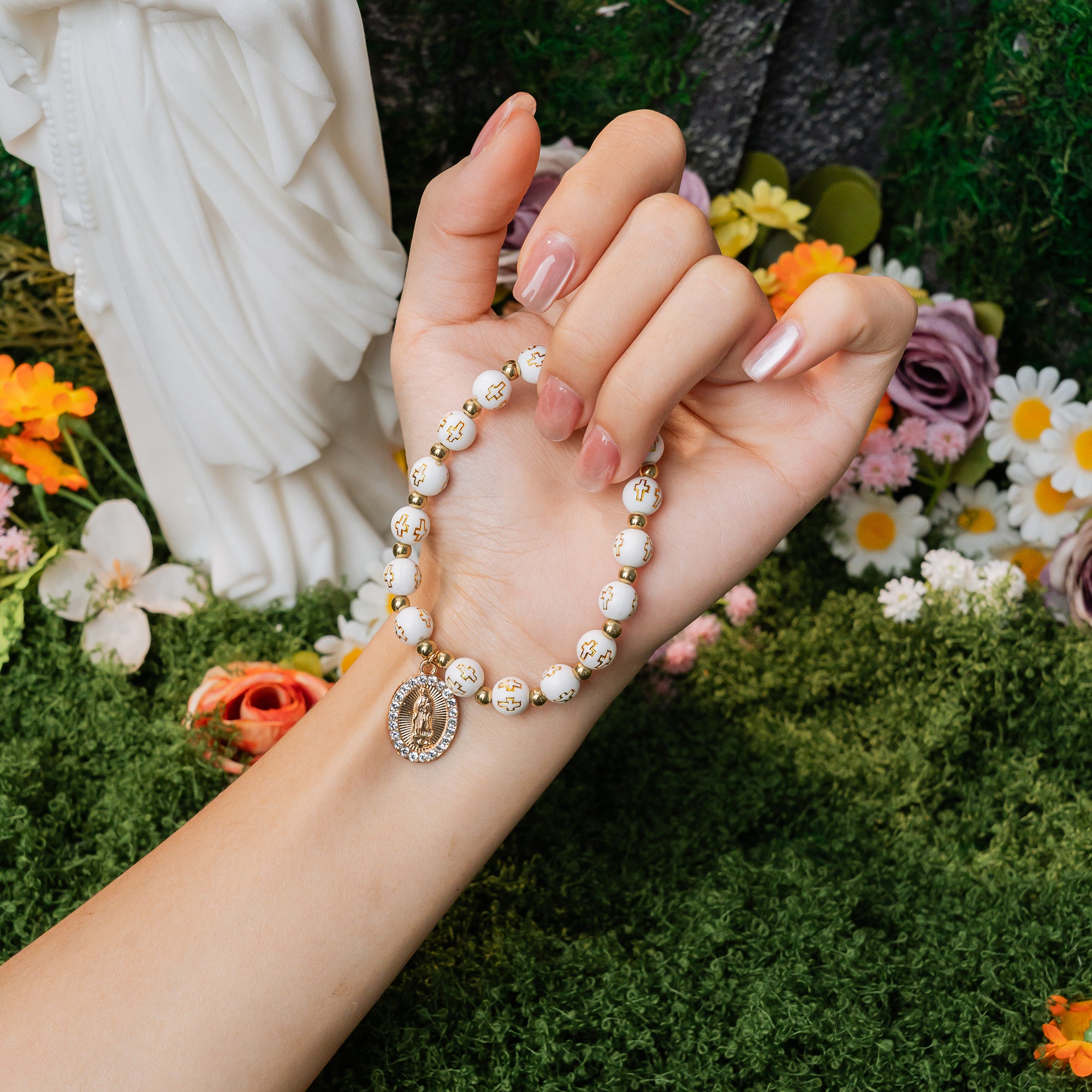 Virgin Mary Cross Beaded Bracelet  White & Gold Faith Jewelry