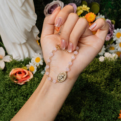 Our Lady of Light Rosary Cross Bracelet – Pink Glow & White Pearl Editions