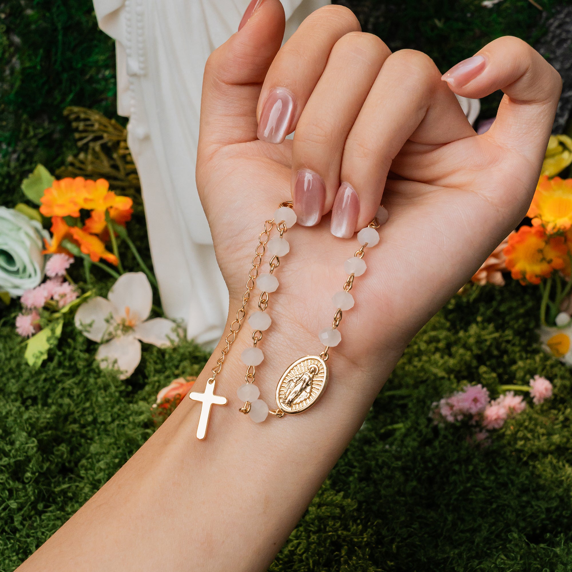 Our Lady of Light Rosary Cross Bracelet – Pink Glow & White Pearl Editions