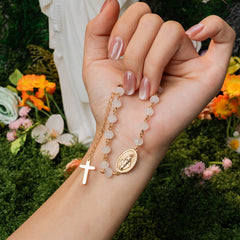 Our Lady of Light Rosary Cross Bracelet – Pink Glow & White Pearl Editions