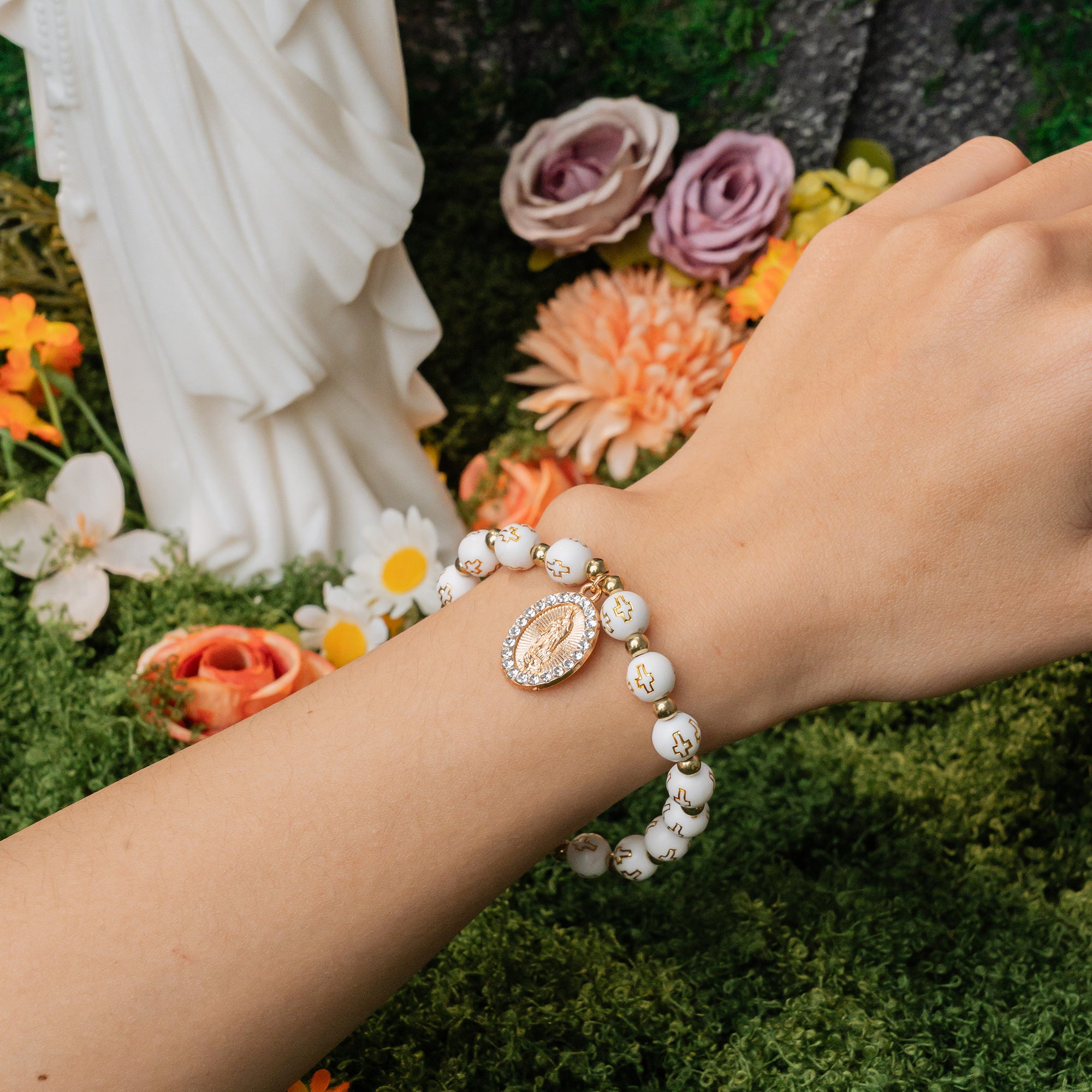 Virgin Mary Cross Beaded Bracelet  White & Gold Faith Jewelry