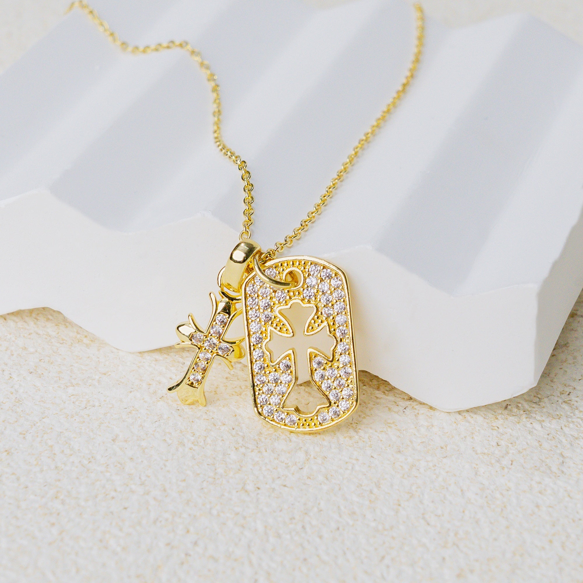 Double Cross Gold Necklace – Christian Faith Pendant with Sparkling Stones of Light & Grace