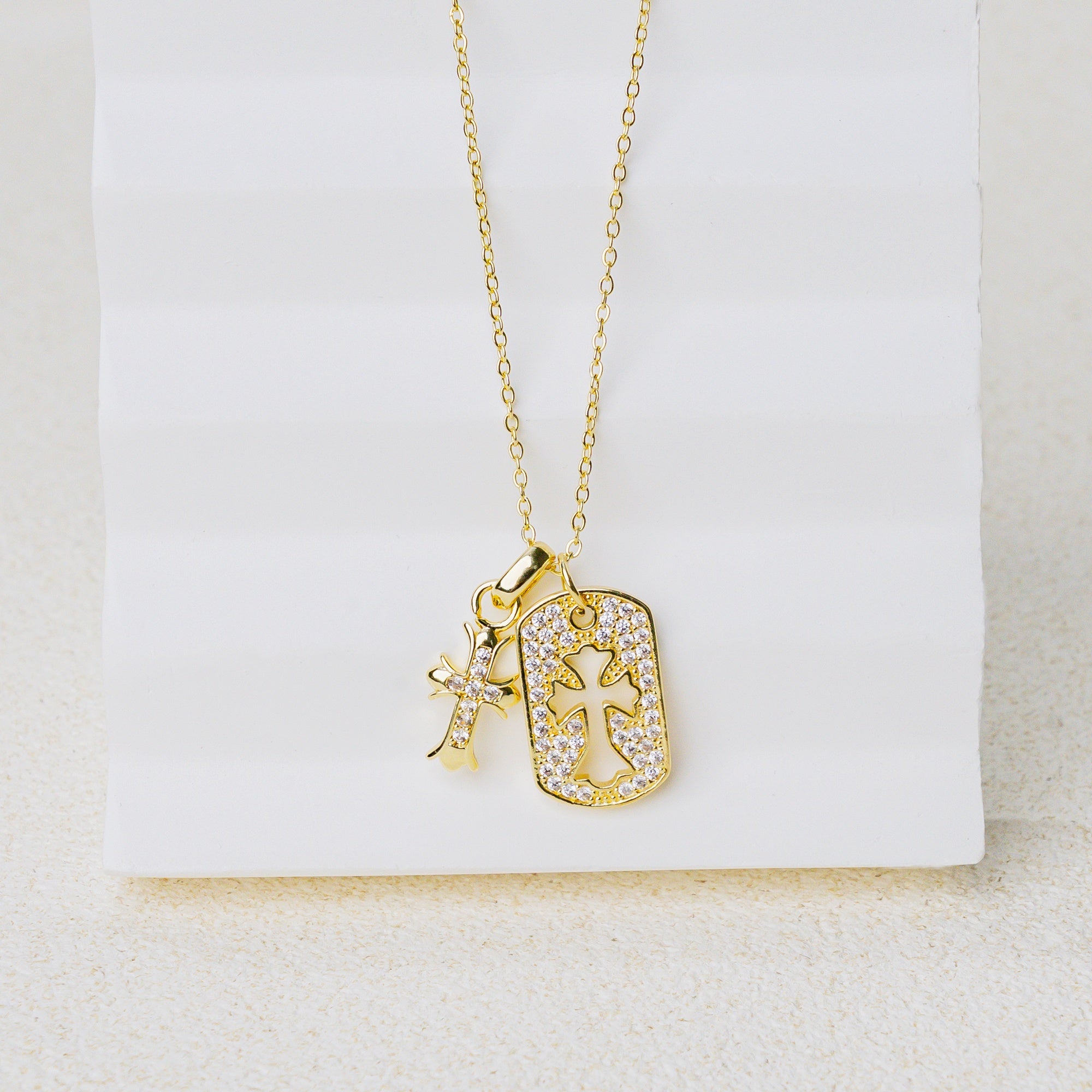 Double Cross Gold Necklace – Christian Faith Pendant with Sparkling Stones of Light & Grace