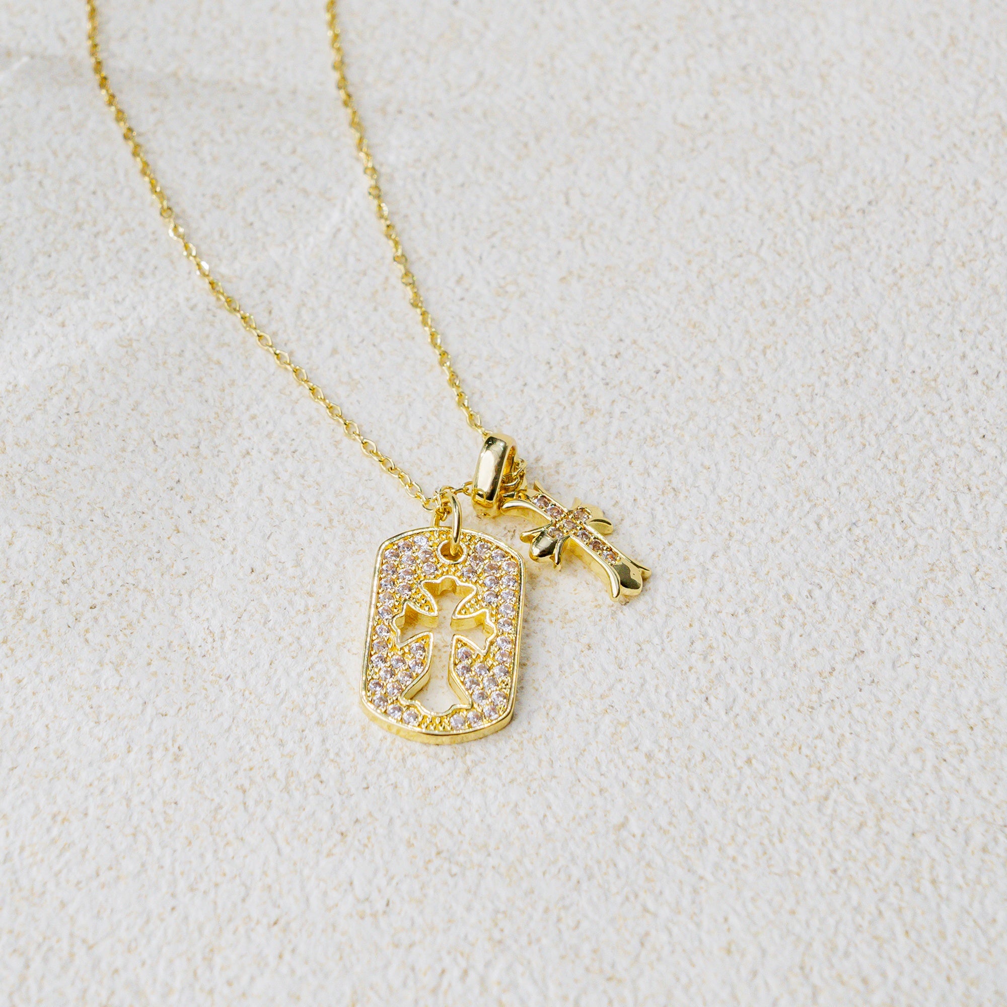 Double Cross Gold Necklace – Christian Faith Pendant with Sparkling Stones of Light & Grace