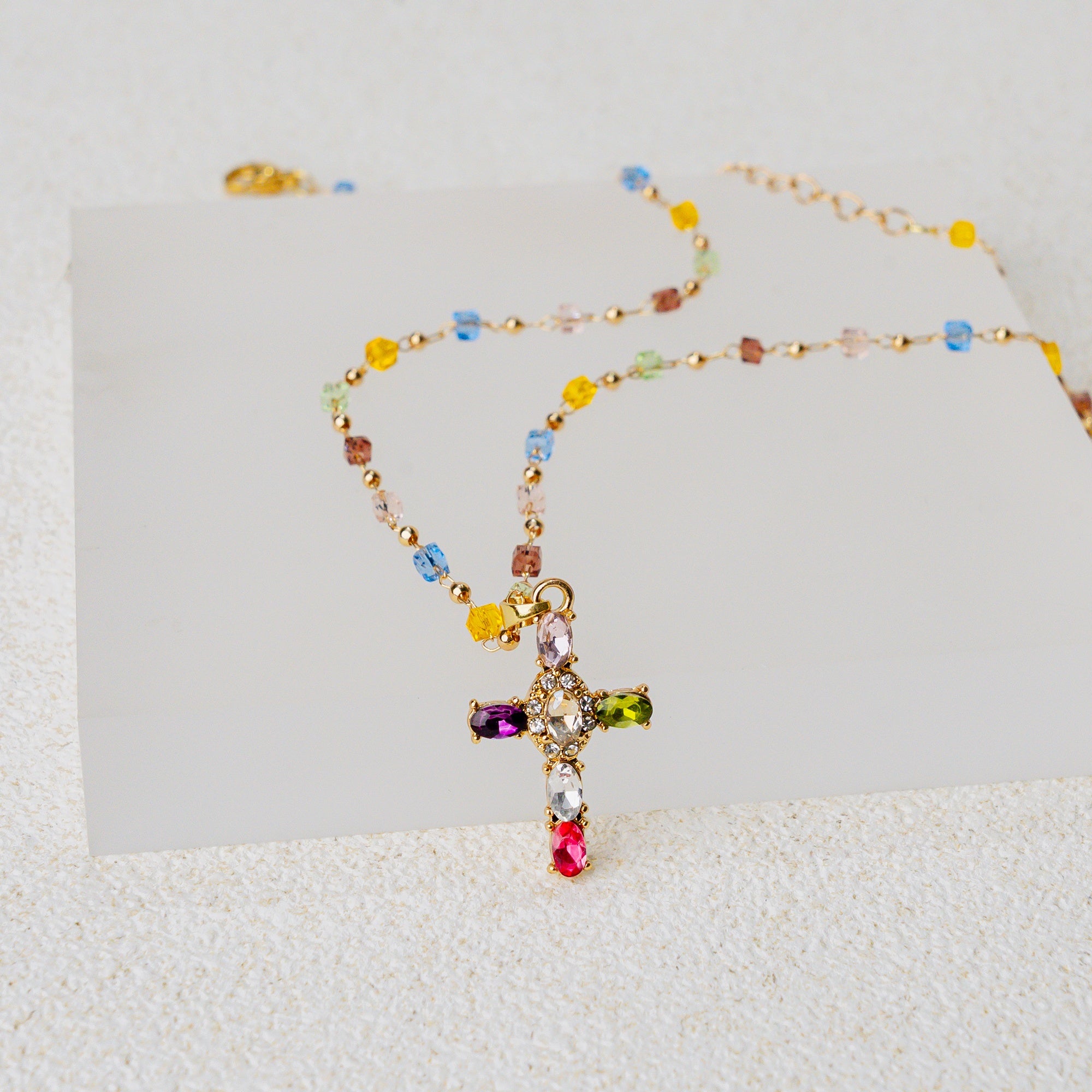 Radiant Cross Necklace – Gold & Multicolor Christian Faith Jewelry of Light & Grace