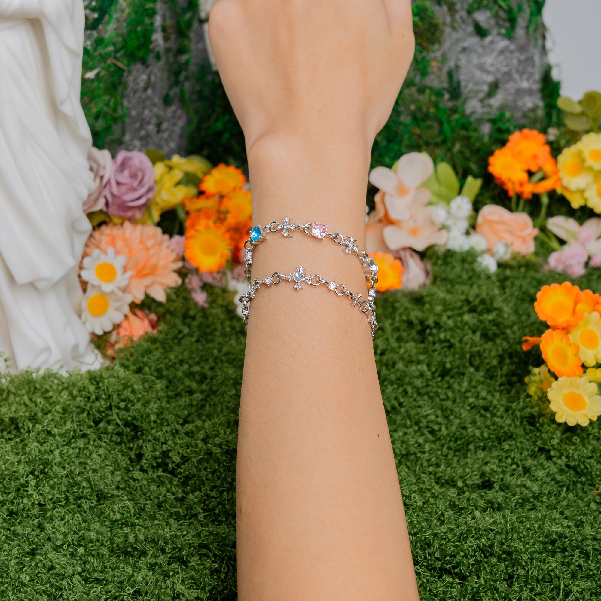 Heaven’s Grace Cross Crystal Bracelet – White & Pastel Glow Faith Jewelry