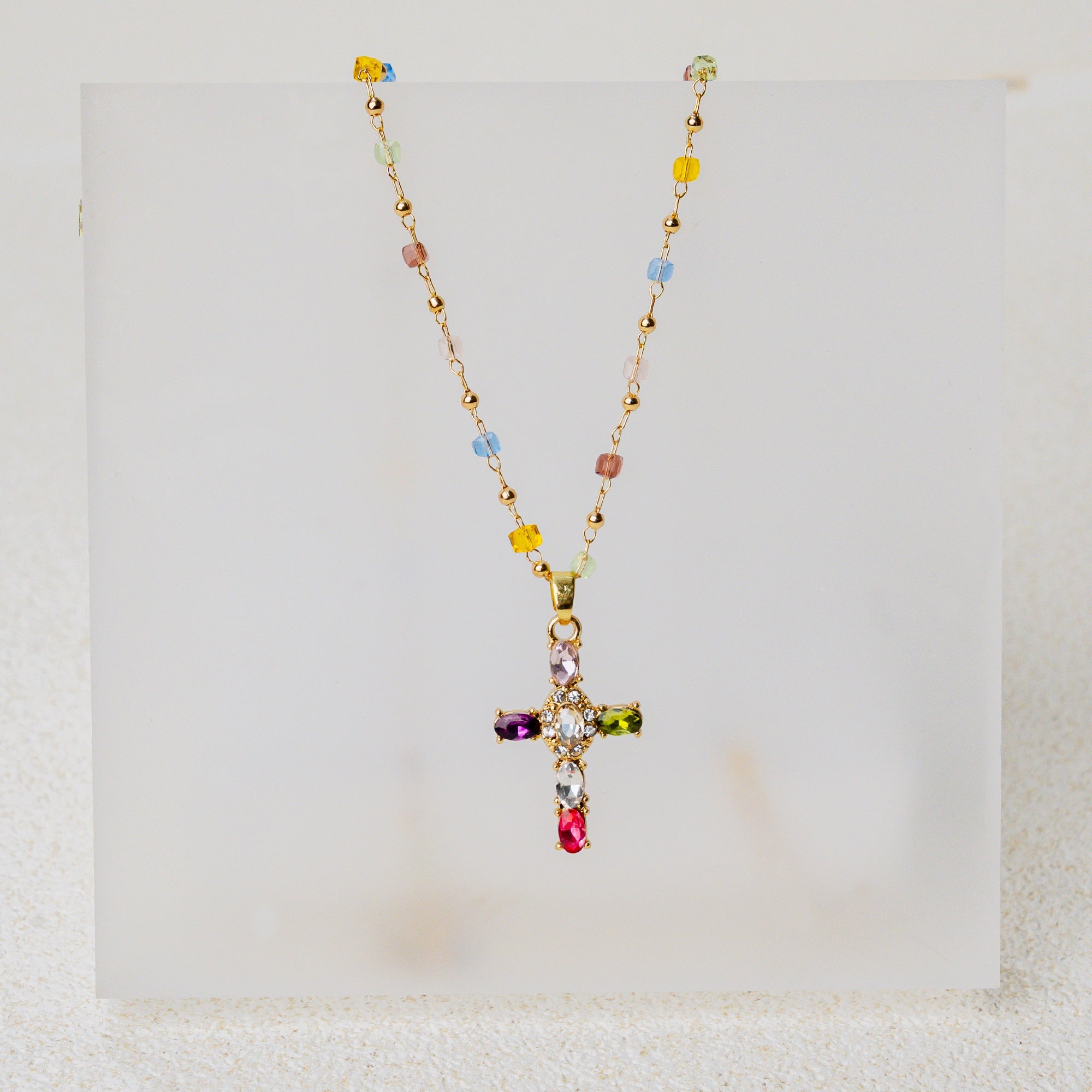 Radiant Cross Necklace – Gold & Multicolor Christian Faith Jewelry of Light & Grace