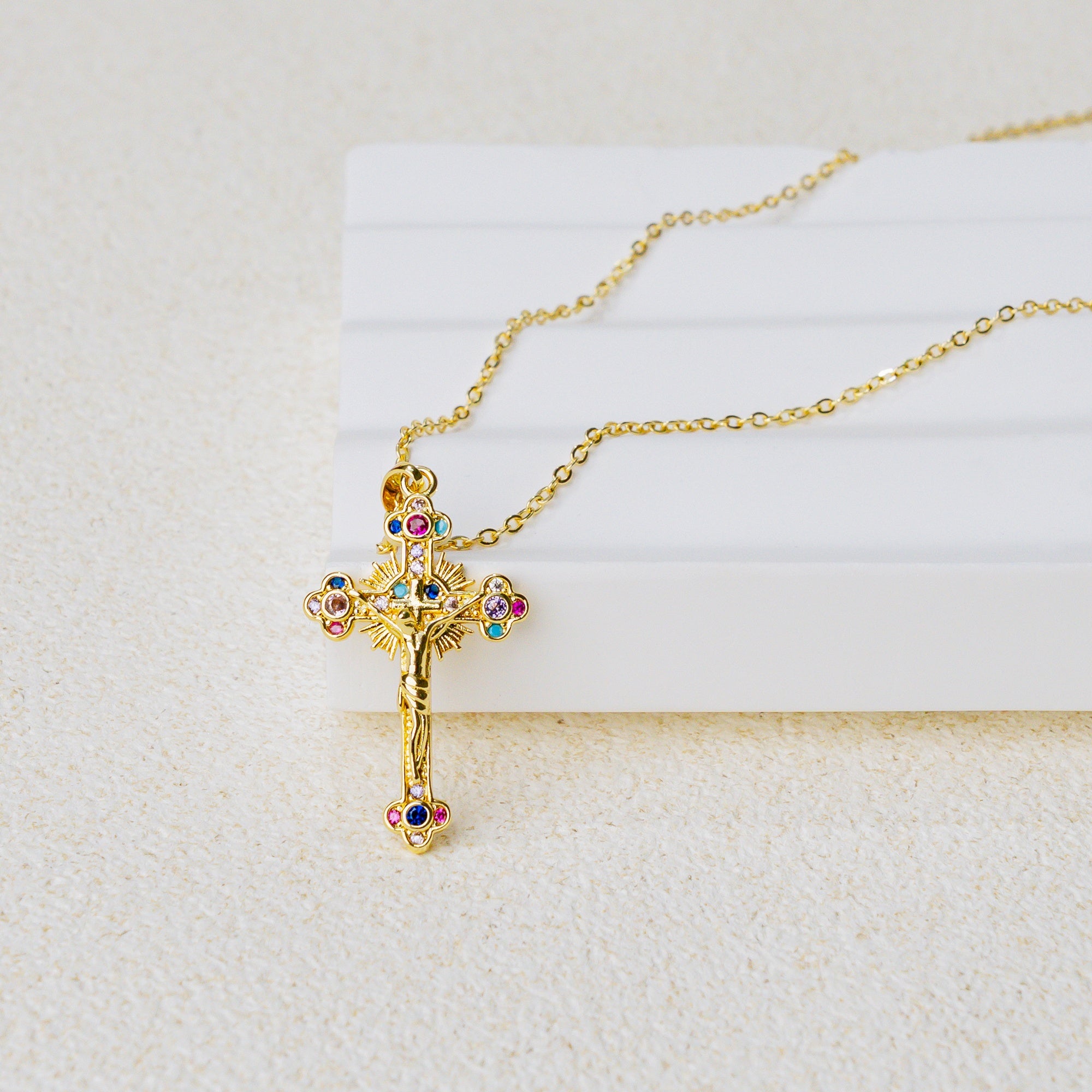 Radiant Cross Necklace – Christian Faith Jewelry with Multicolor Gemstones