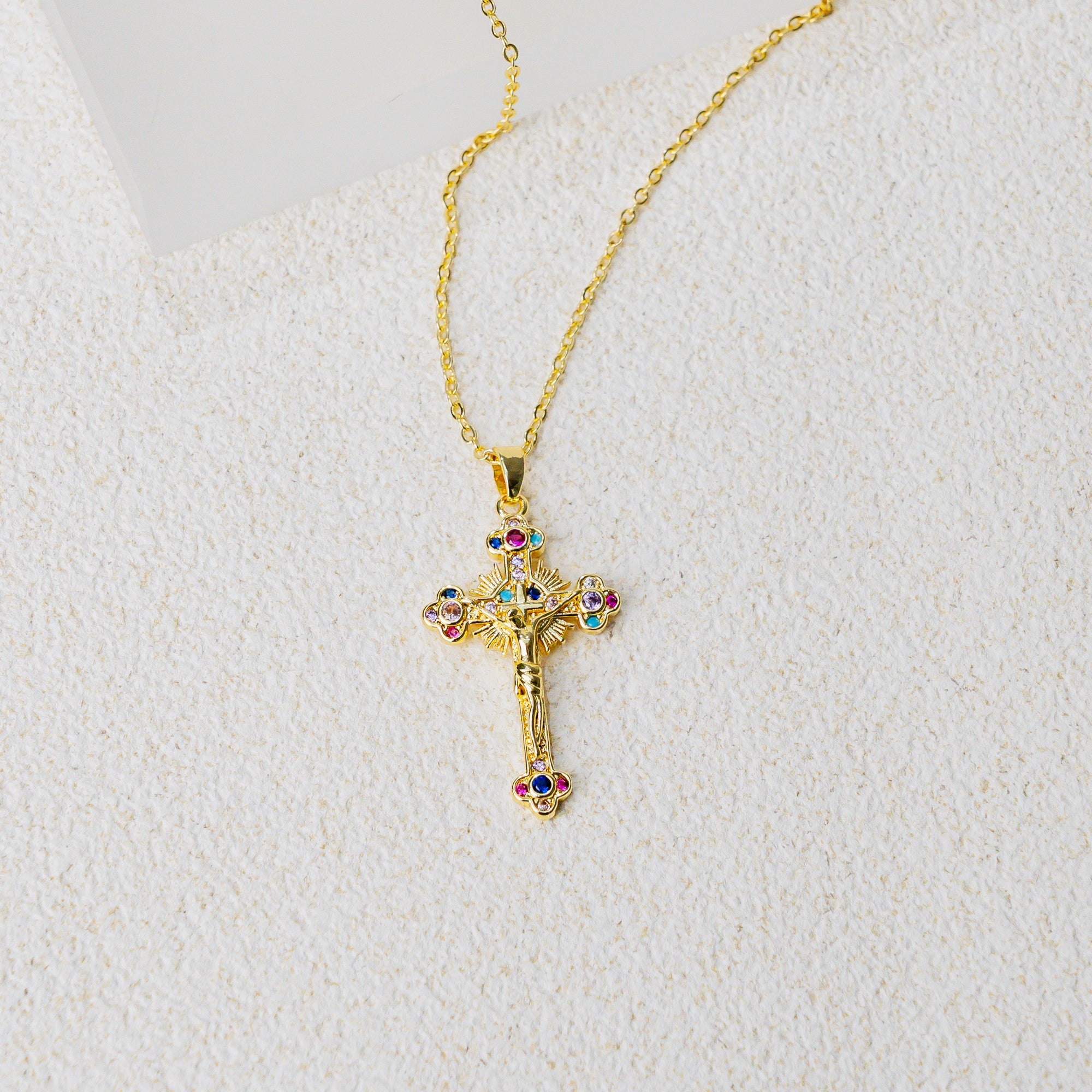 Radiant Cross Necklace – Christian Faith Jewelry with Multicolor Gemstones