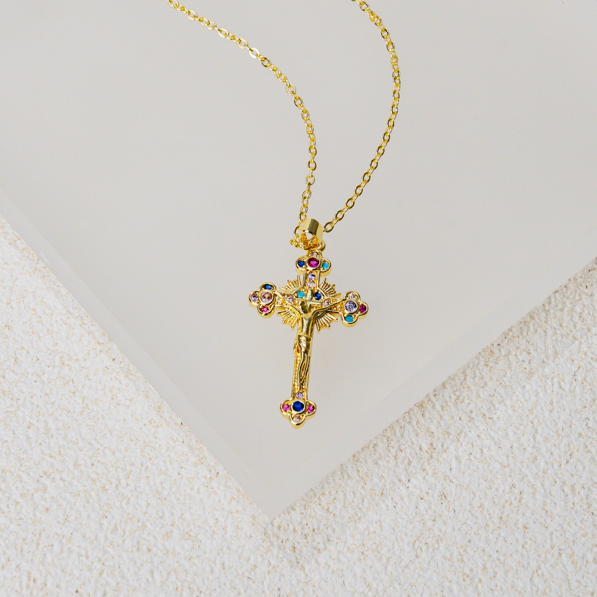 Radiant Cross Necklace – Christian Faith Jewelry with Multicolor Gemstones
