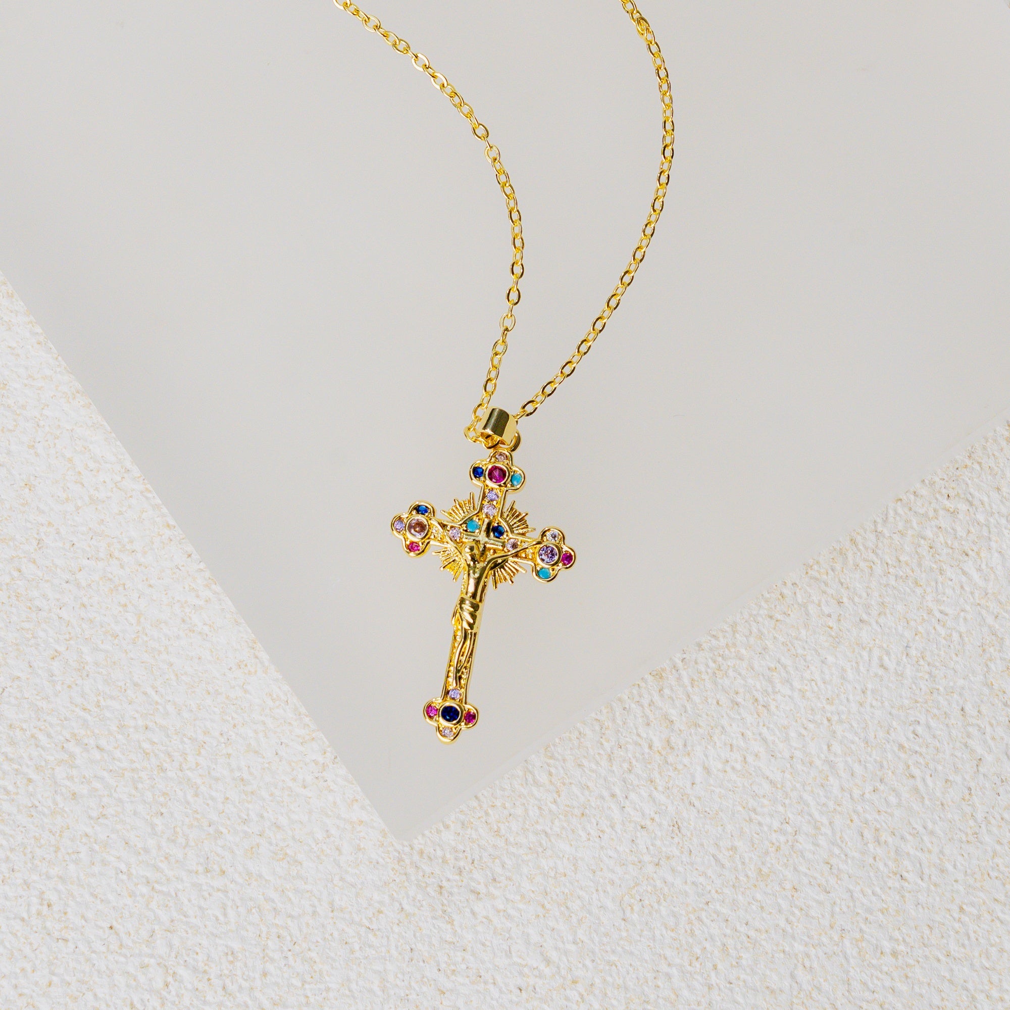 Radiant Cross Necklace – Christian Faith Jewelry with Multicolor Gemstones