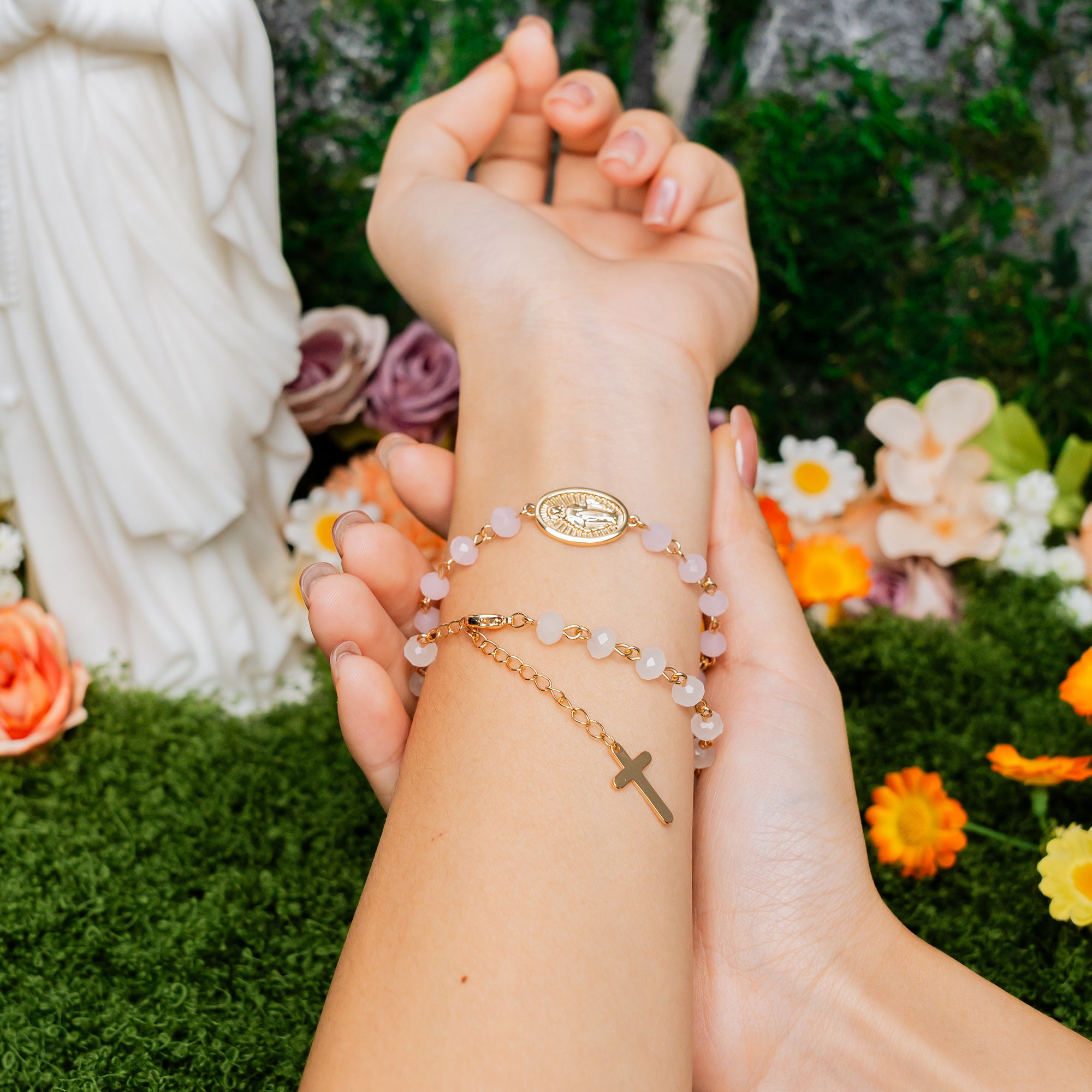 Our Lady of Light Rosary Cross Bracelet – Pink Glow & White Pearl Editions