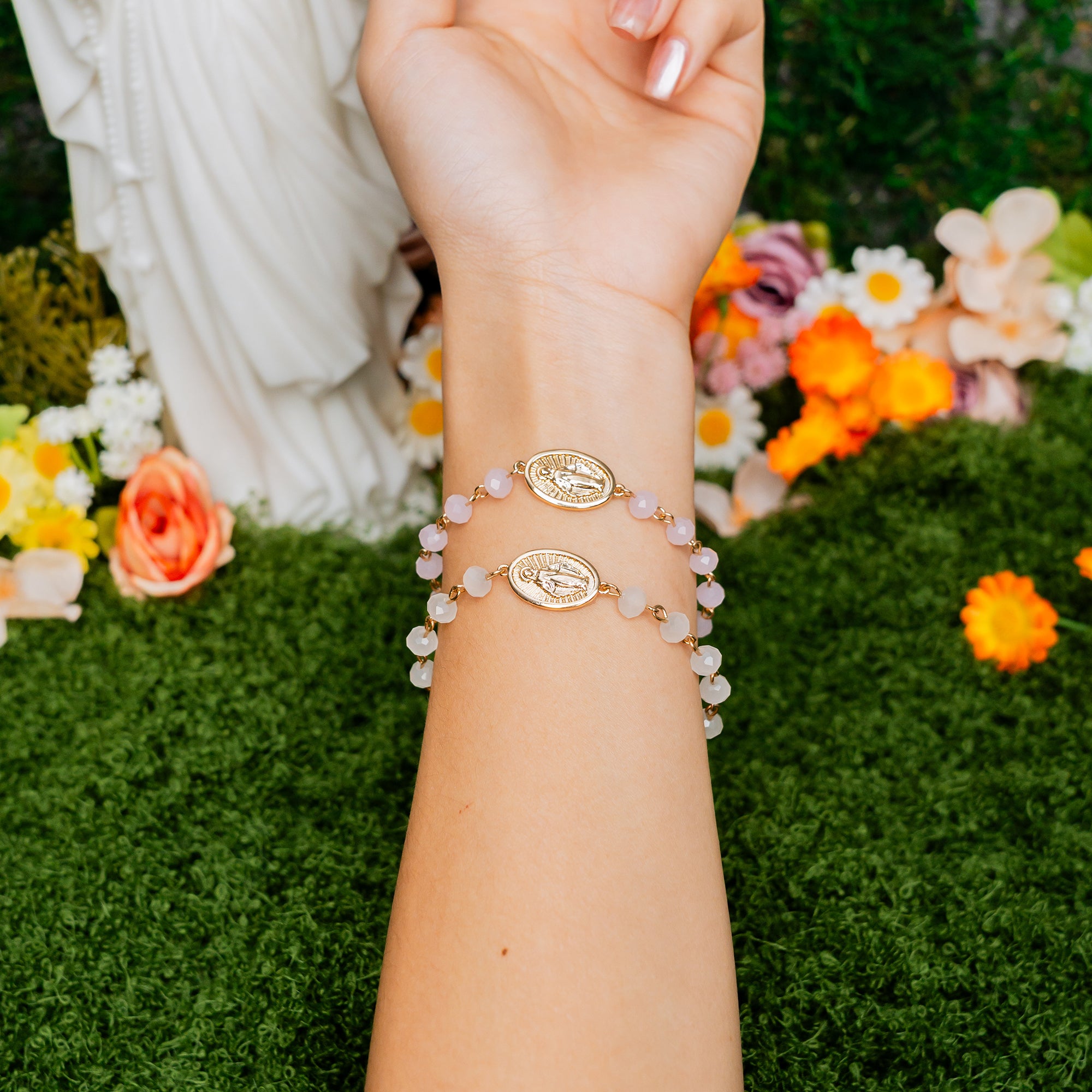 Our Lady of Light Rosary Cross Bracelet – Pink Glow & White Pearl Editions