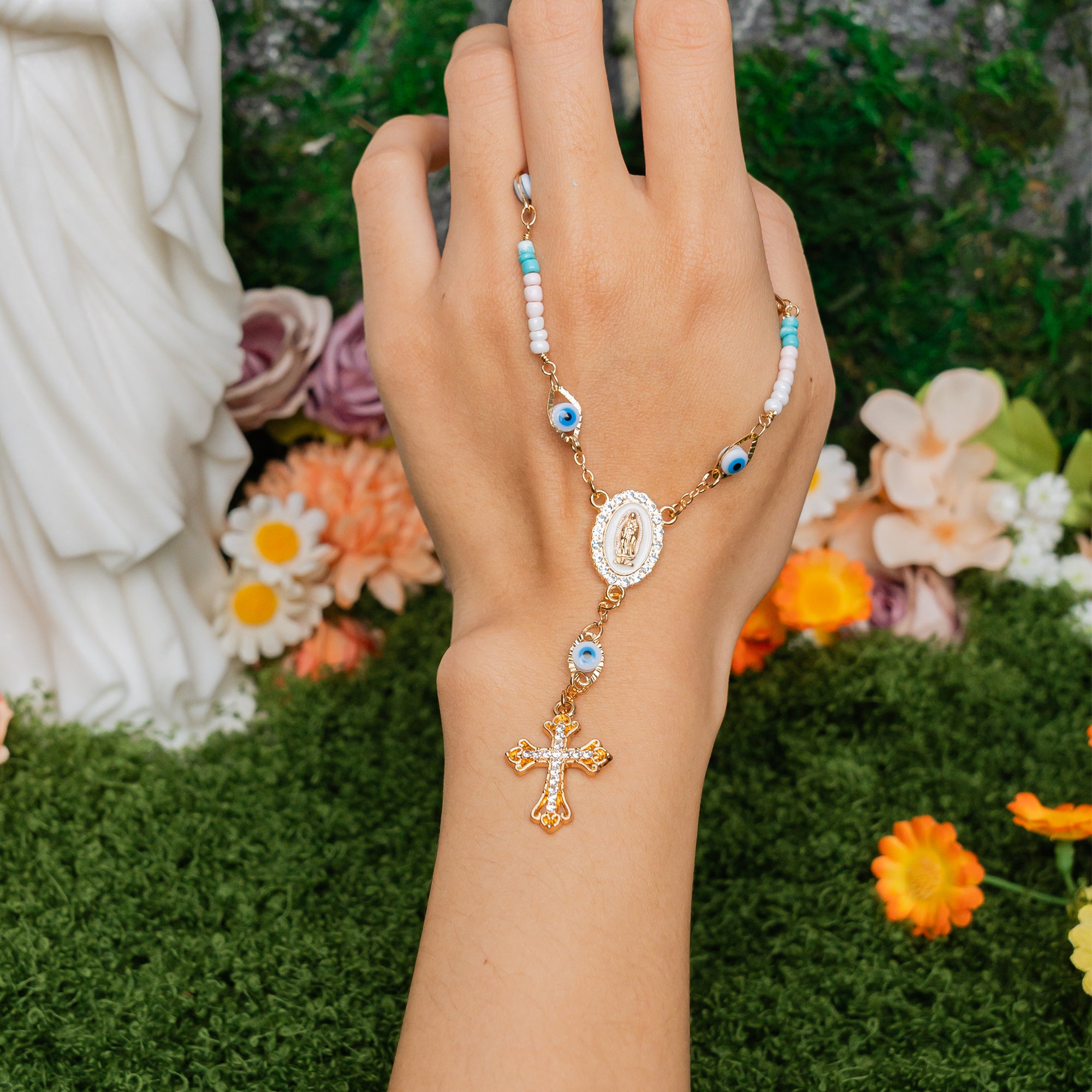 Our Lady of Grace Rosary Cross Bracelet – Gold & Blue Faith Protection Jewelry