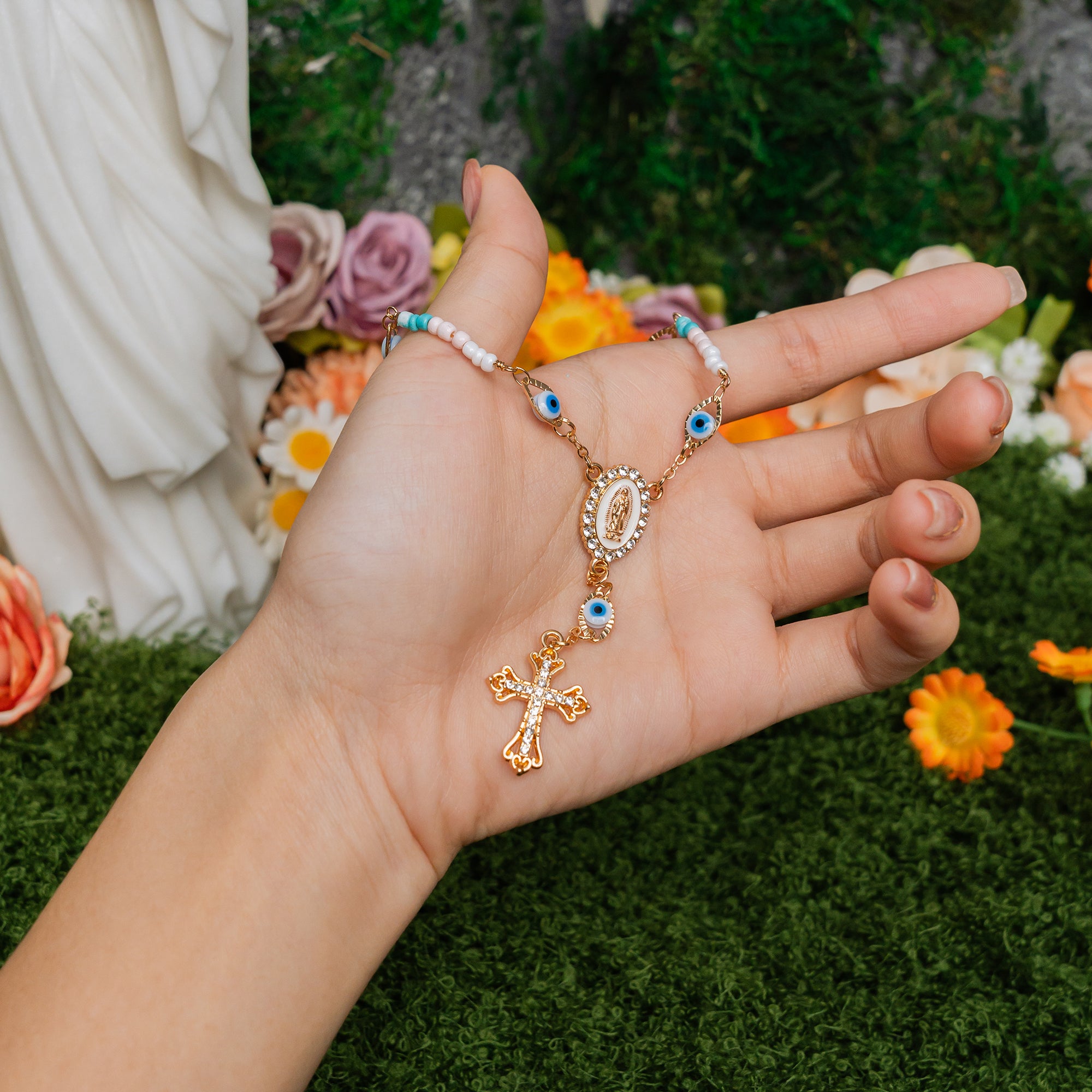 Our Lady of Grace Rosary Cross Bracelet – Gold & Blue Faith Protection Jewelry